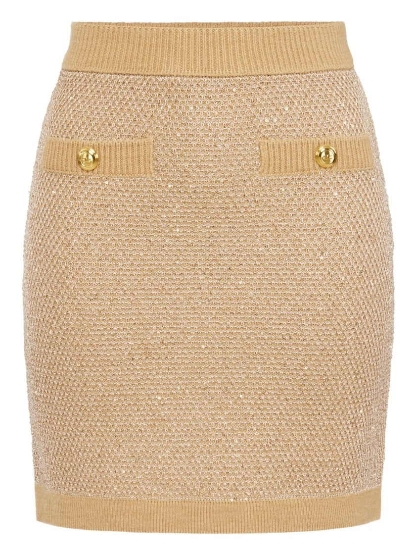 Elisabetta Franchi Beige Textured Knitted Button Mini Skirt