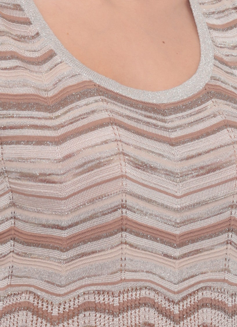 D. Exterior Chevron Striped V-Neck Dress With Lurex Accents