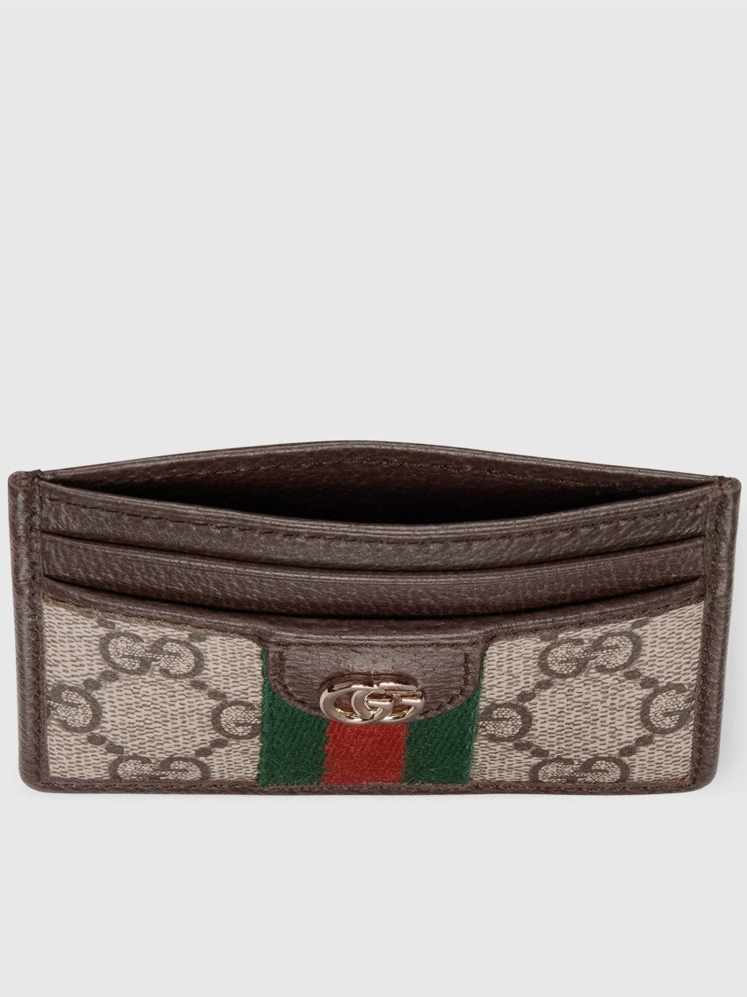 Gucci Gg Supreme Canvas Credit Card Case With Web Stripe And Gold Accents