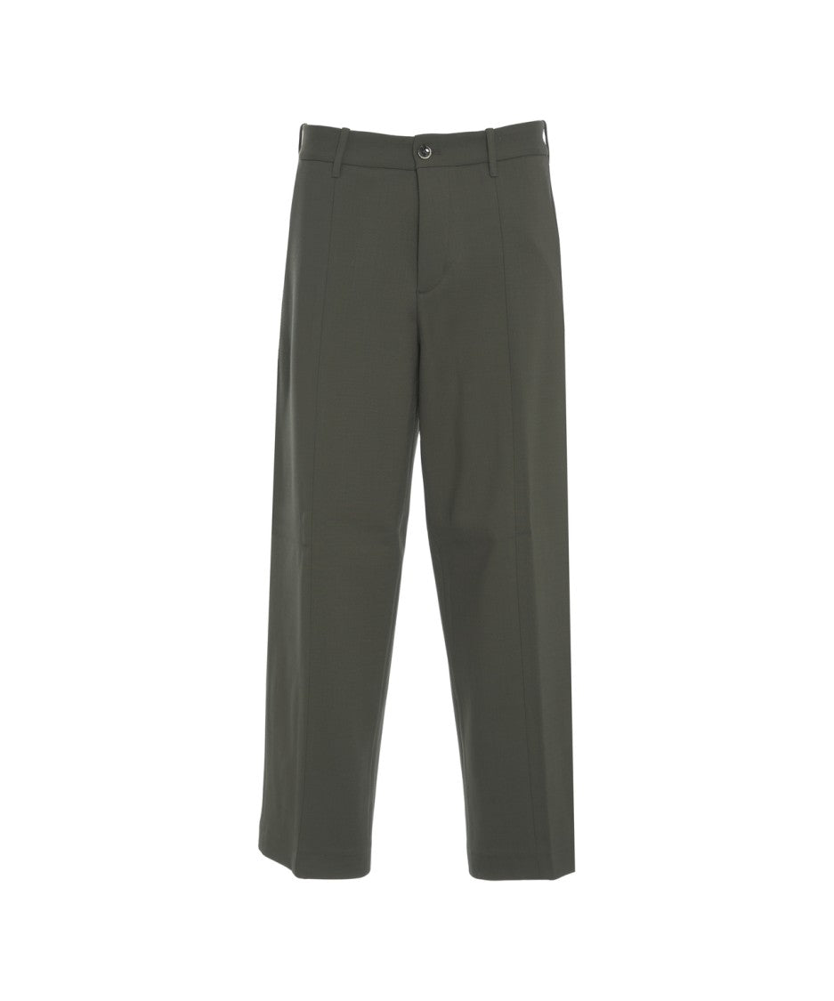 Nine In The Morning Tailored Olive Trousers With Pressed Pleats And Flap Pockets