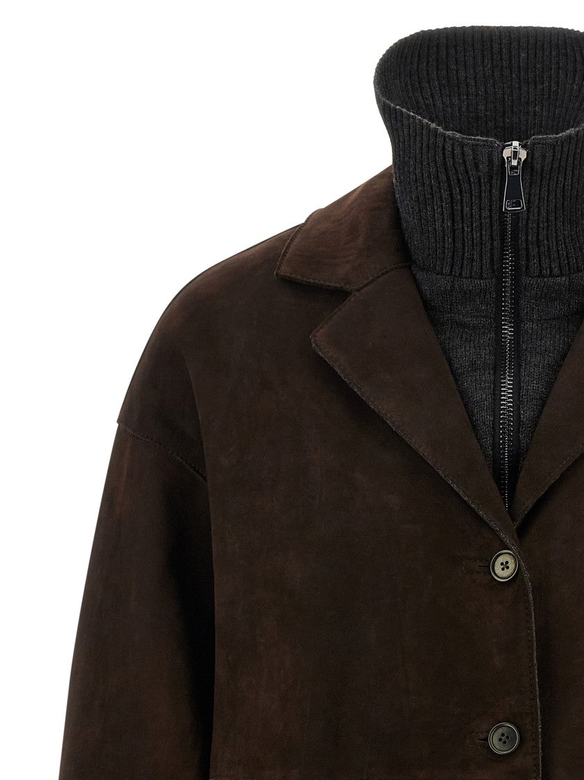 P.A.R.O.S.H. Suede Coat With Knit Insert And Front Button Closure
