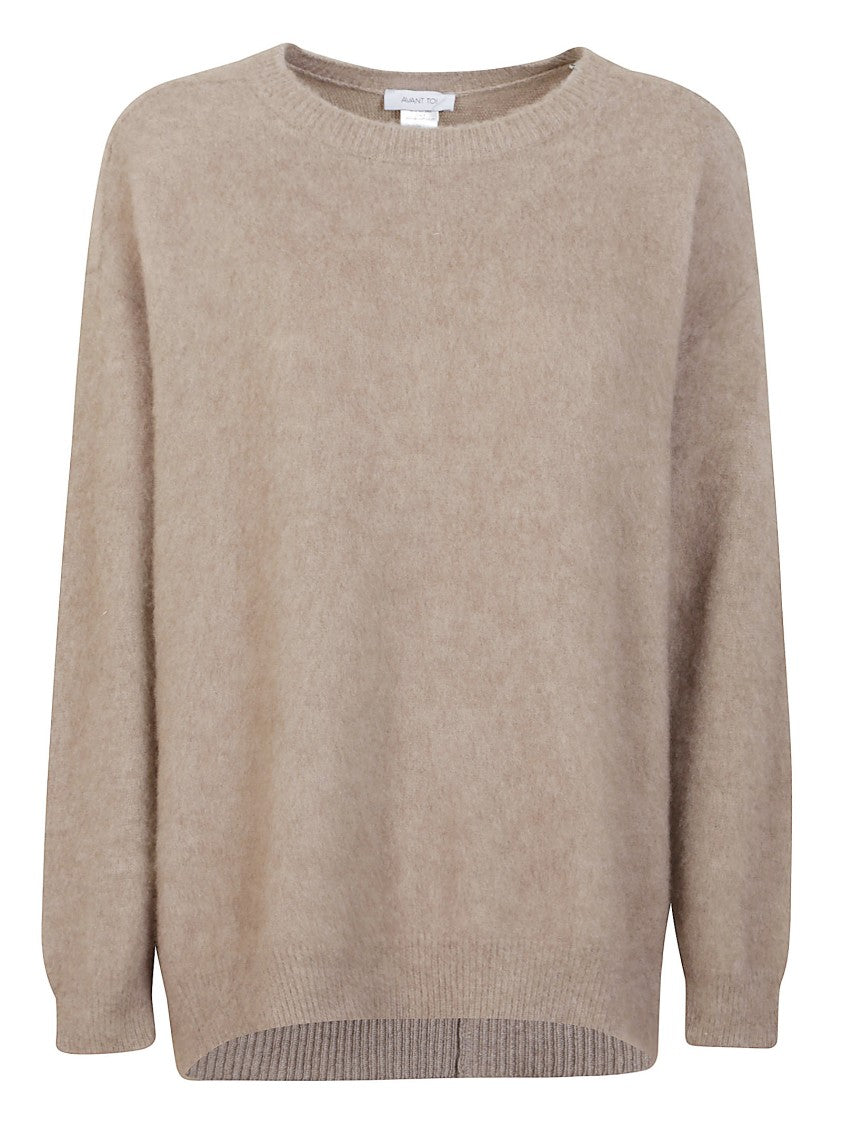 Avant Toi Walnut Brushed Cashmere Crewneck Sweater With Asymmetrical Hem
