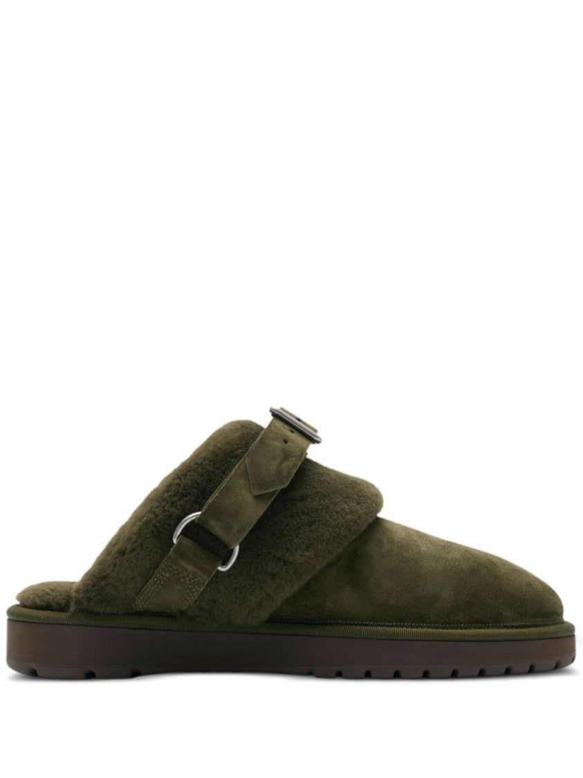 Burberry Chubby Suede Shearling Buckle Mules