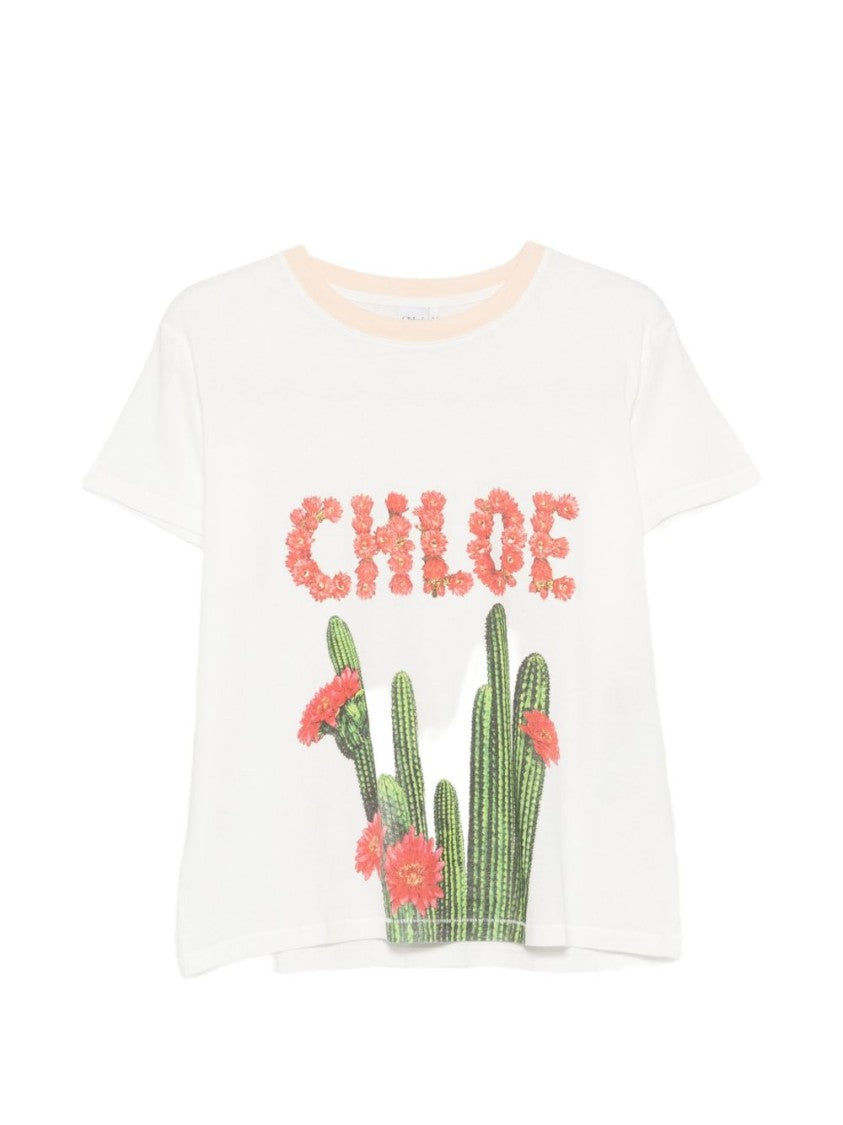 Chloé White Cotton T-Shirt With Cactus Graphic And Floral Branding