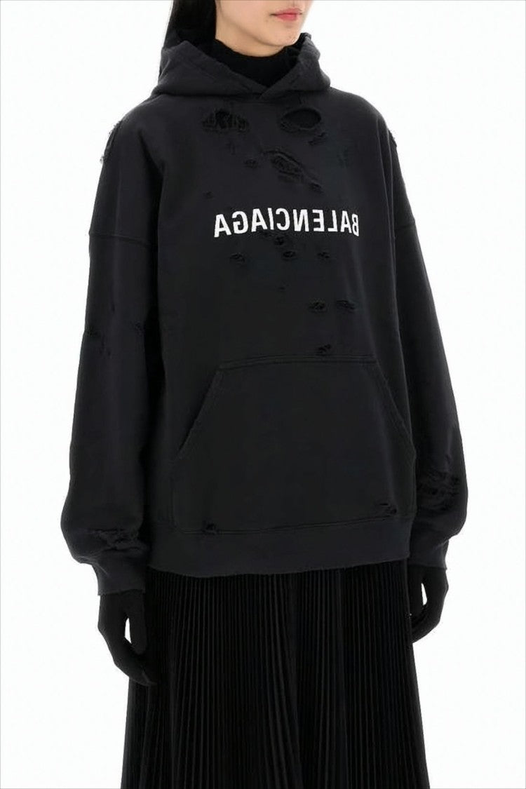 Balenciaga Distressed Black Cotton Hoodie