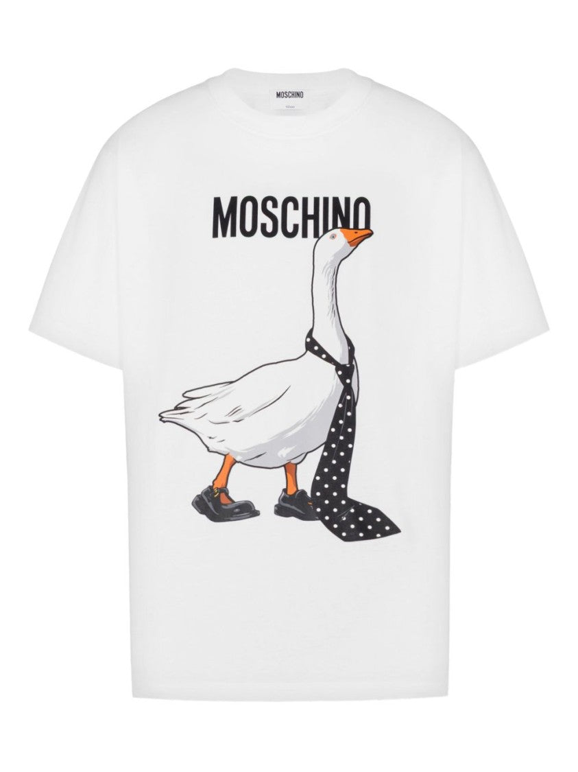Moschino White Goose Graphic Silk Nylon T-Shirt