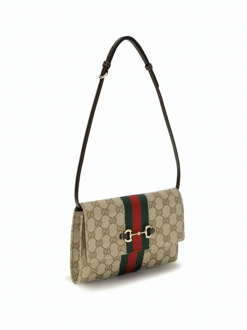 Gucci Beige Monogram Shoulder Bag With Gold-Tone Horsebit Detail