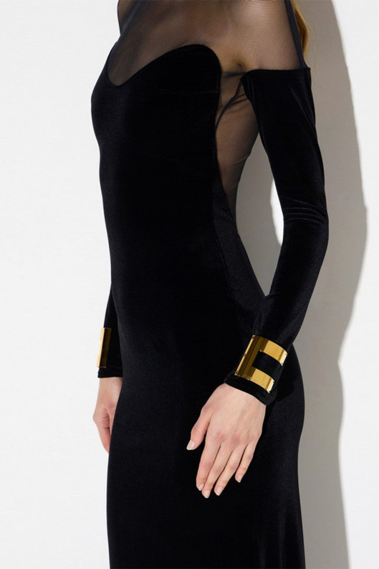 Elisabetta Franchi Black Polyester-Elastane Blend Sheer-Yoke Velvet Dress