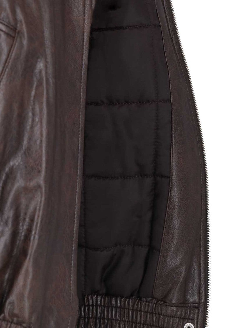 Low Classic Brown Detachable Faux Fur Collar Faux Leather Bomber Jacket
