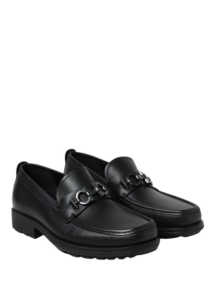 Ferragamo Black Leather Loafers With Decorative Metal Bit