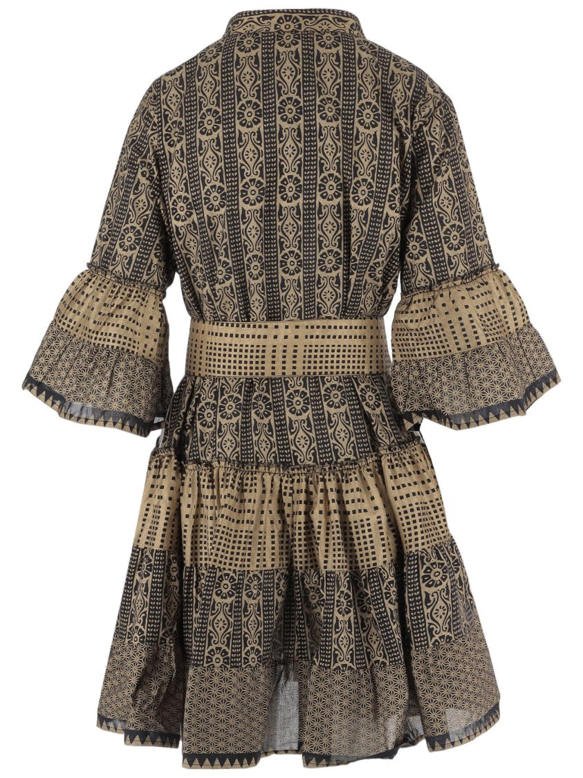 Pep's Cannes Geometric Pattern Cotton Dress With Mandarin Collar And Ruffled Skirt