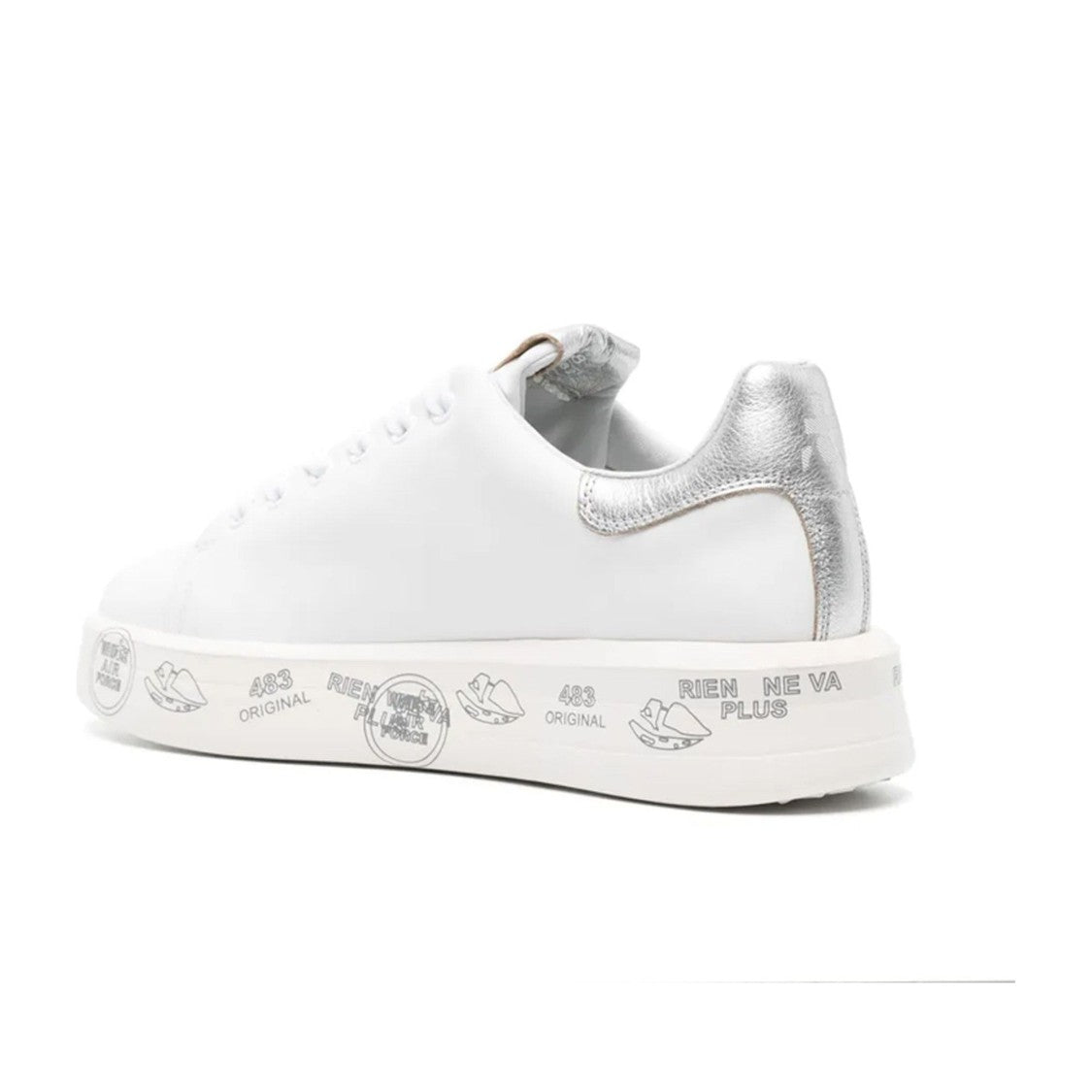 Premiata White Leather Graphic Metallic Accent Sneakers