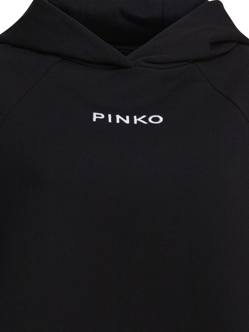 Pinko Cropped Black Knit Hoodie With Raglan Sleeves