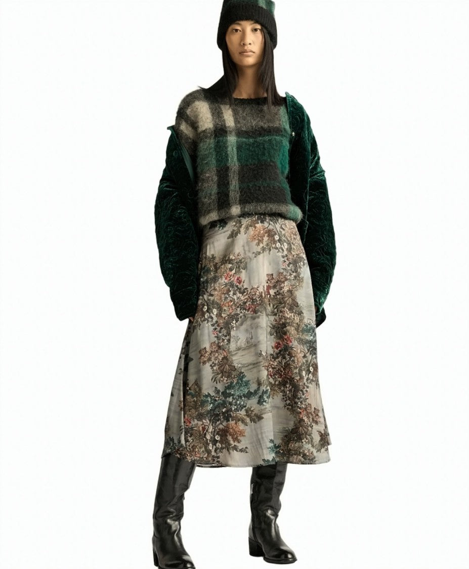 Momonì Hebe Flared Printed Stretch Silk Satin Midi Skirt