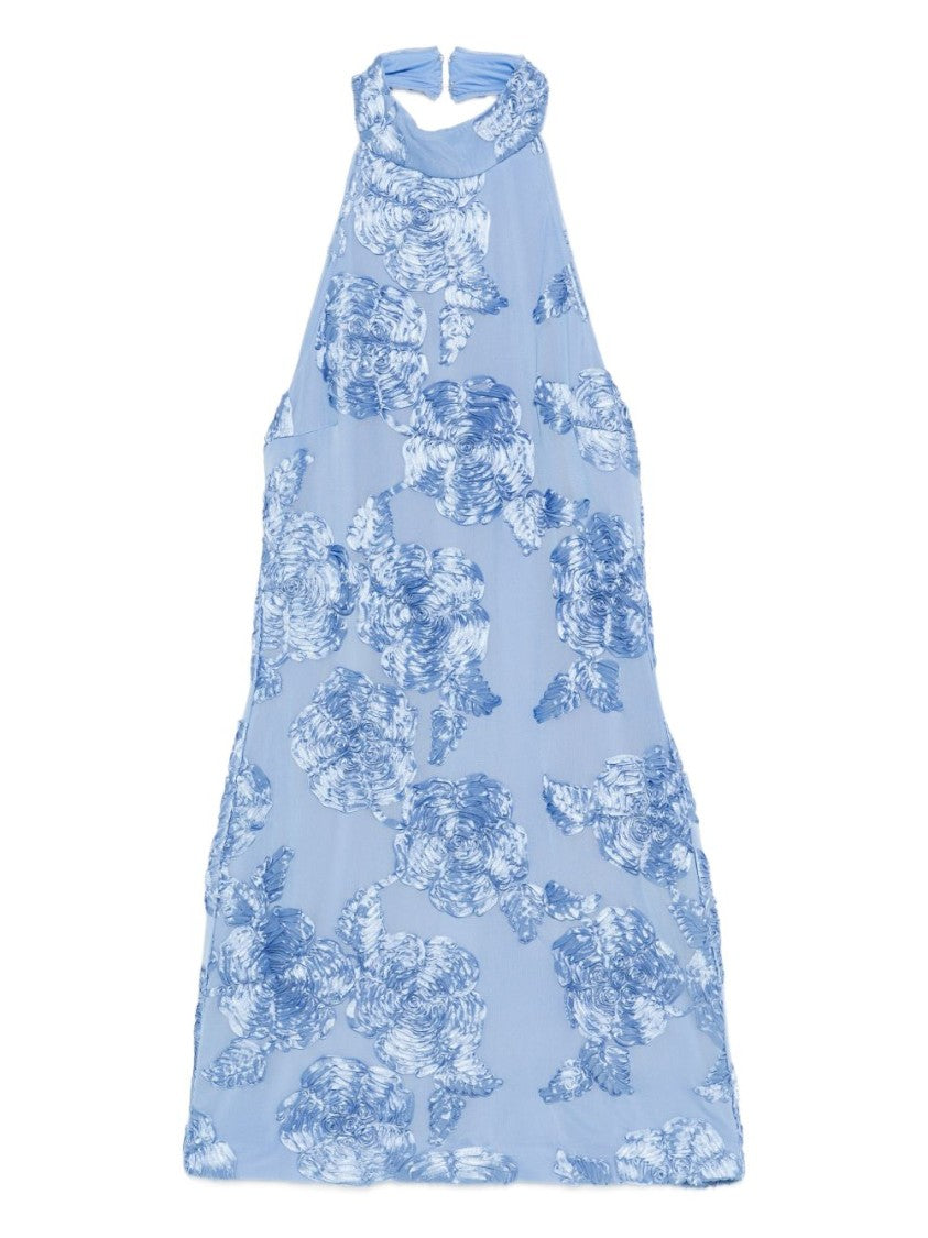 Rotate Light Blue Mini Dress With Floral Embroidery
