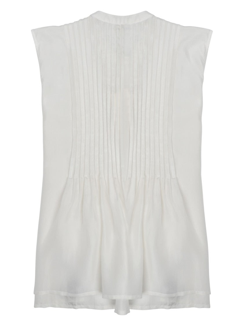 P.A.R.O.S.H. Round Neck Silk Blouse With Pintuck Pleats And Embroidery