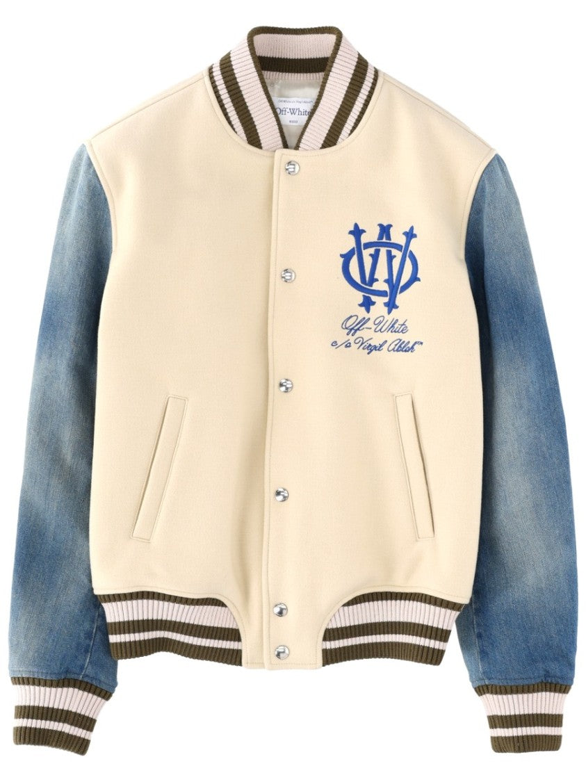 Off-White Gothic Wool Denim Jacket With Snap-Button Closure And Striped Details