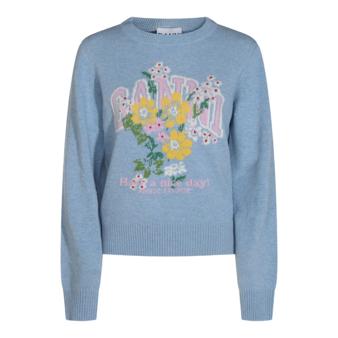 Ganni Light Blue Knit Sweater With Floral Graphic Design