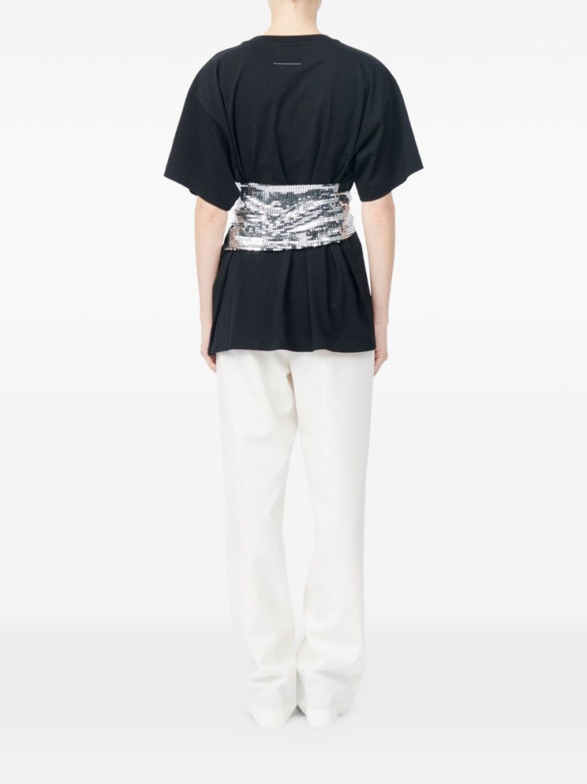 Mm6 By Maison Margiela Avant-Garde Black T-Shirt With Silver Sequin Belt