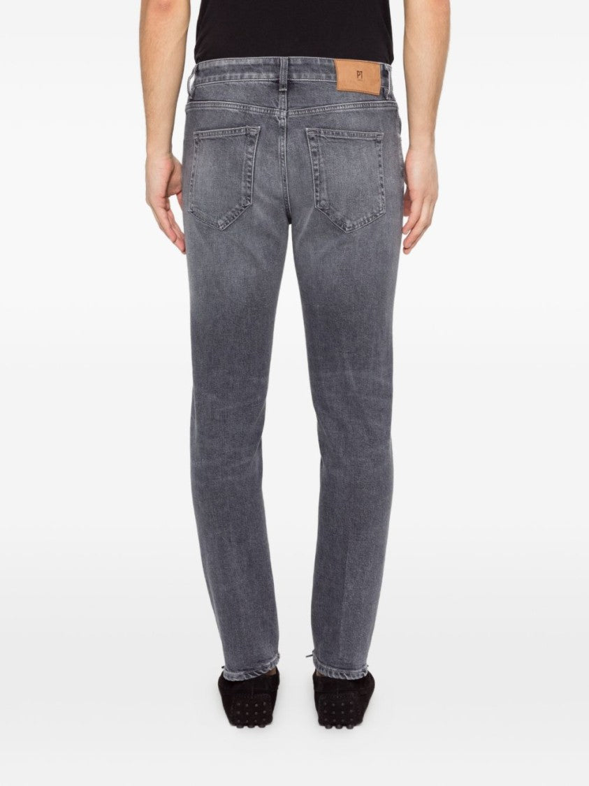 Pt Torino Slim Fit Grey Denim Jeans With Frayed Hem And Five-Pocket Design
