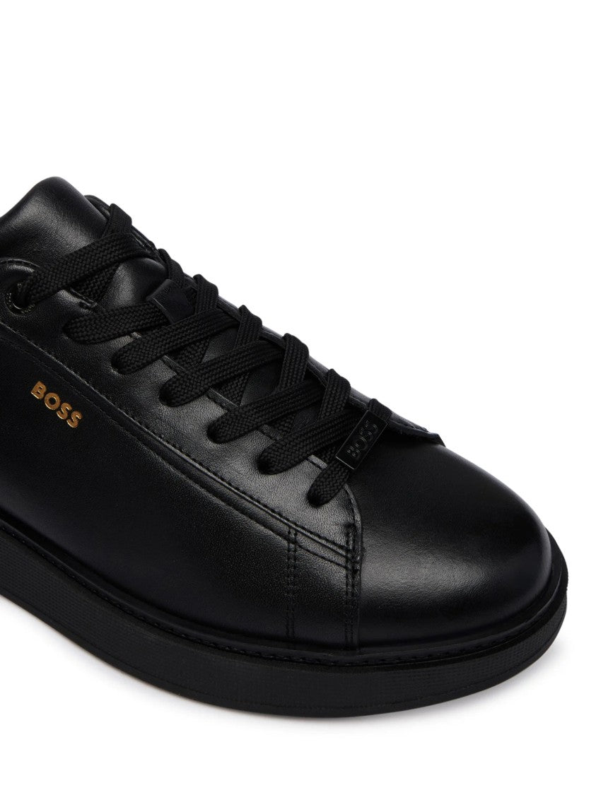 Hugo Boss Black Smooth Leather Gold Logo Sneakers
