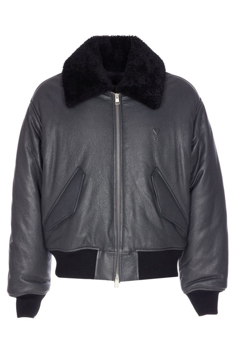 Ami Paris Cropped Leather Jacket