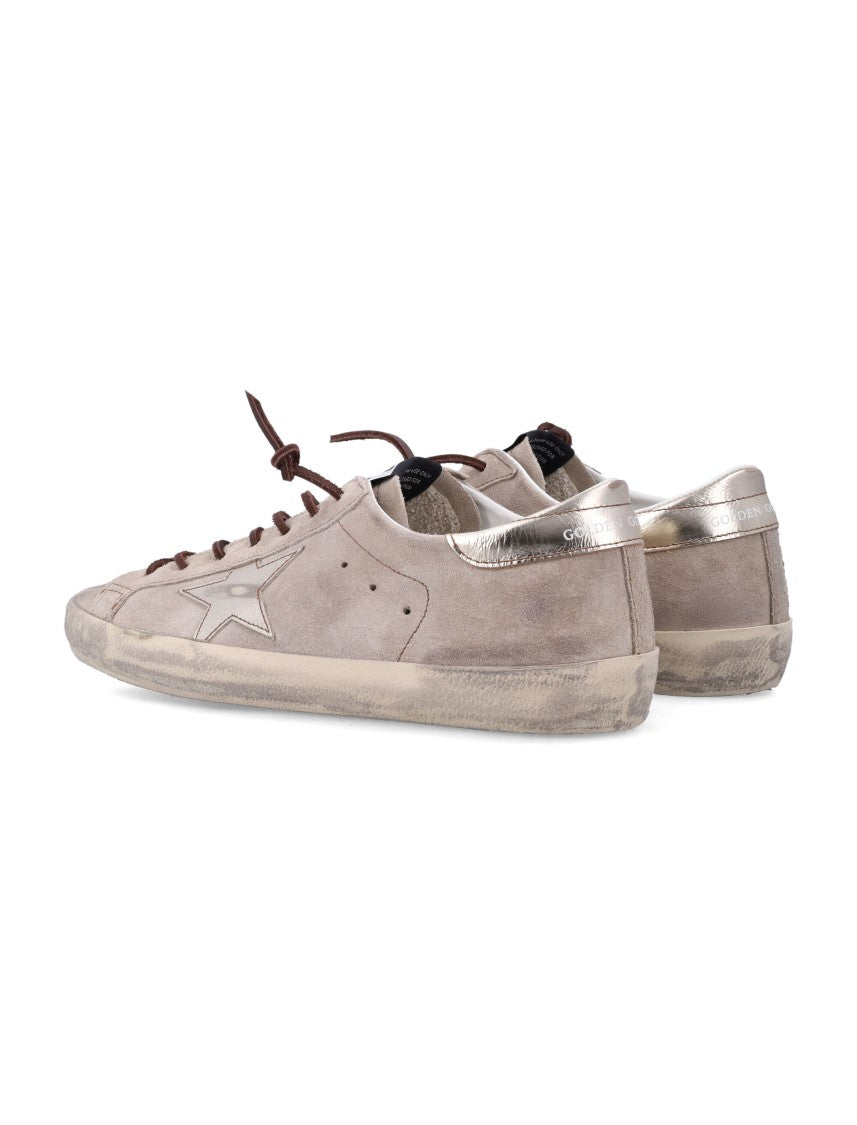 Golden Goose Distressed Beige Suede Sneakers With Metallic Silver Star Detail