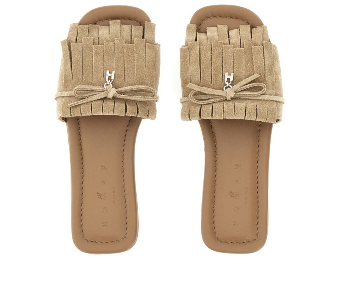 Hogan Beige Suede Slip-On Sandals With Fringe