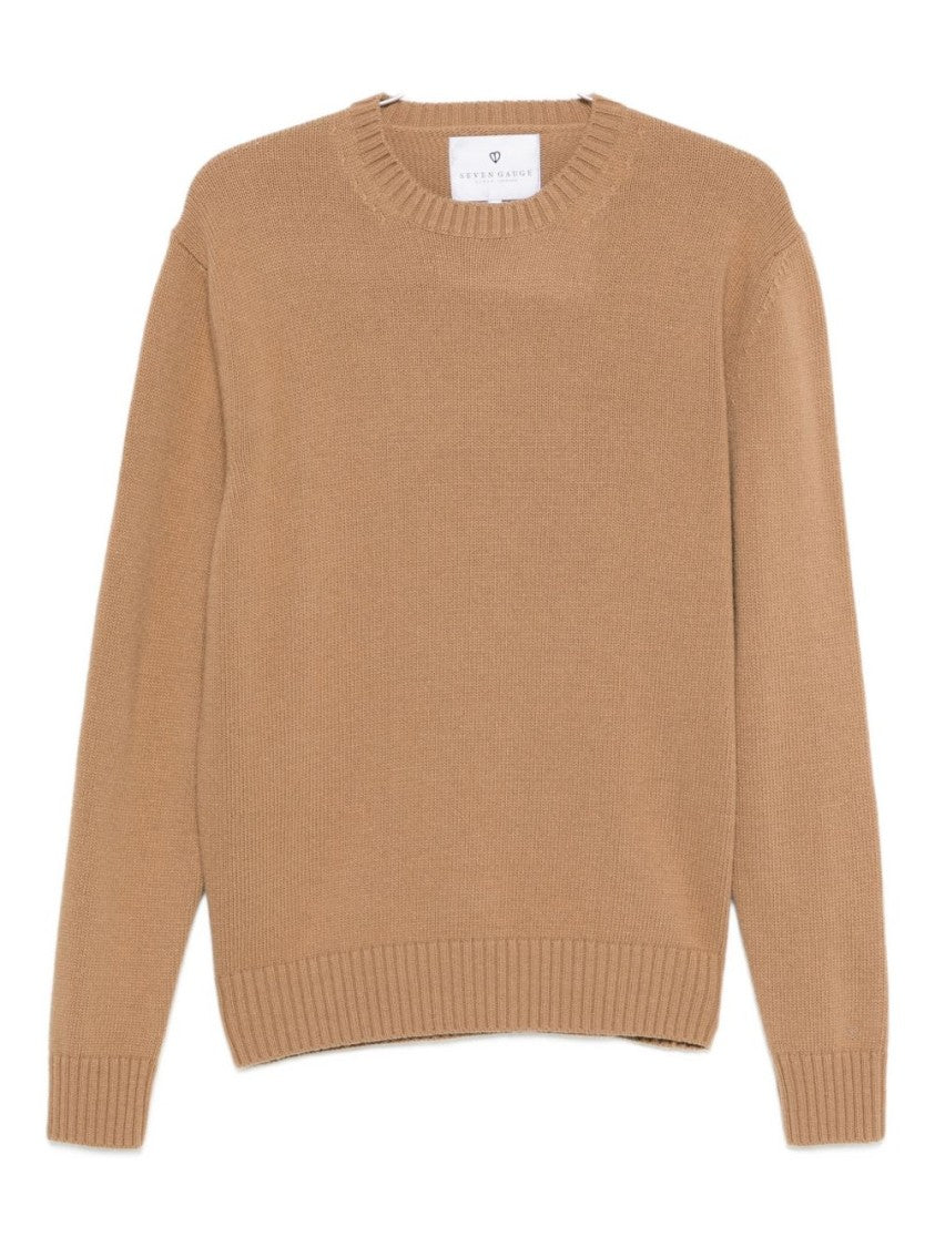Seven Gauge Camel-Colored Crew Neck Sweater With Ribbed Cuffs And Hem