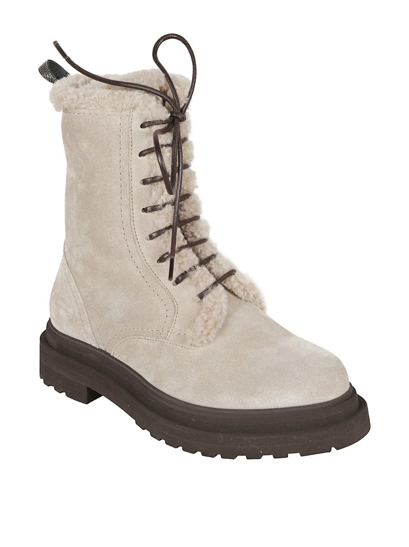 Brunello Cucinelli Grey Suede Lace-Up Boots With Shearling Trim And Rubber Sole