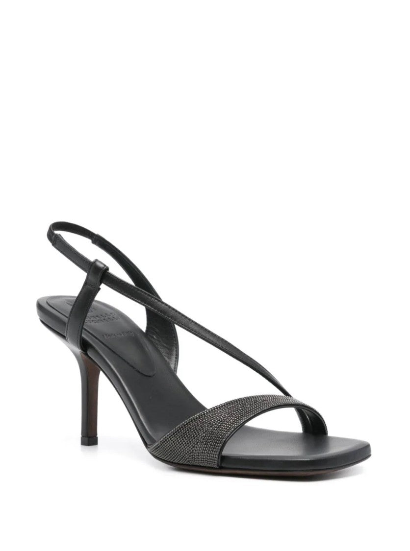 Brunello Cucinelli Black Leather Sandals With Textured Band