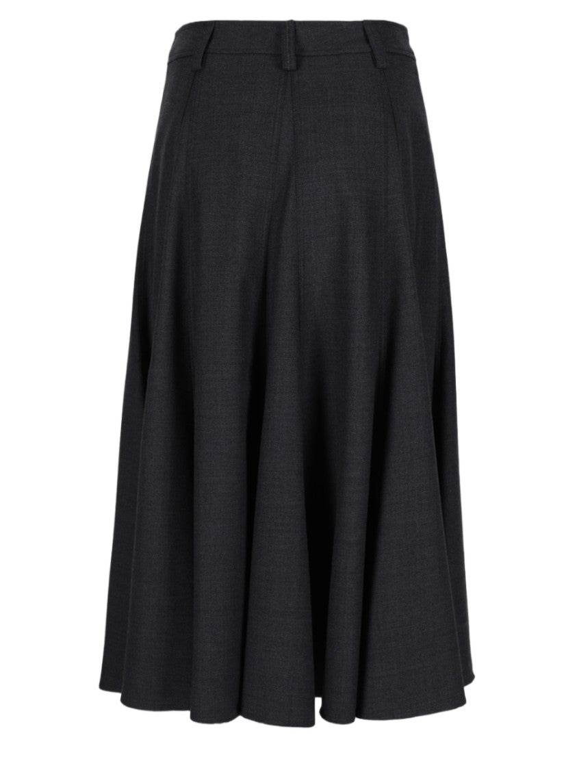Brunello Cucinelli Flared Black Midi Skirt With Structured Pleats