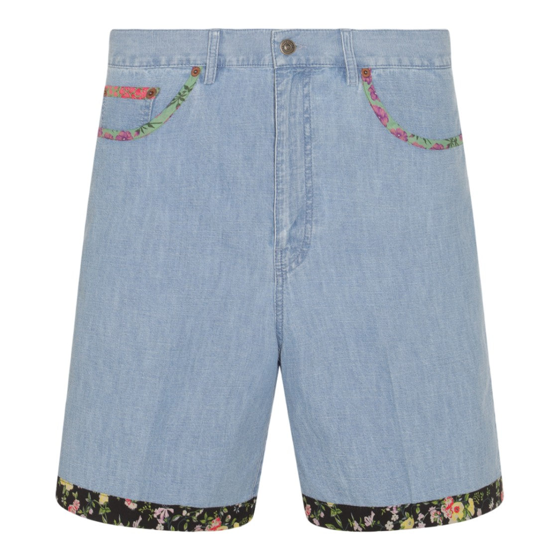 Valentino Light Blue Denim Shorts With Floral Trim Details
