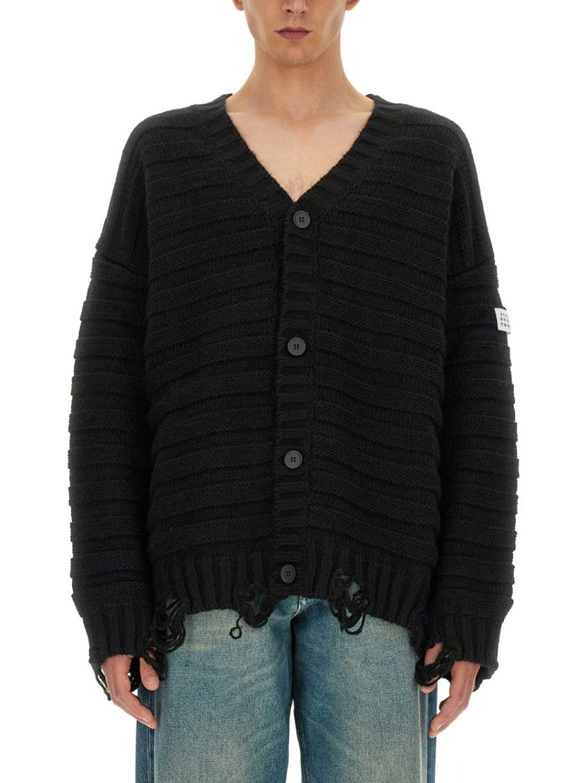 Mm6 By Maison Margiela Ribbed Knit Cardigan With V-Neckline And Distressed Details