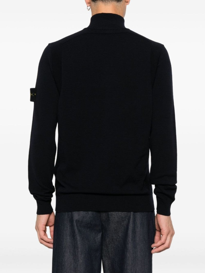 Stone Island High Collar Half Button Blue Sweater With Distinct Logo Badge