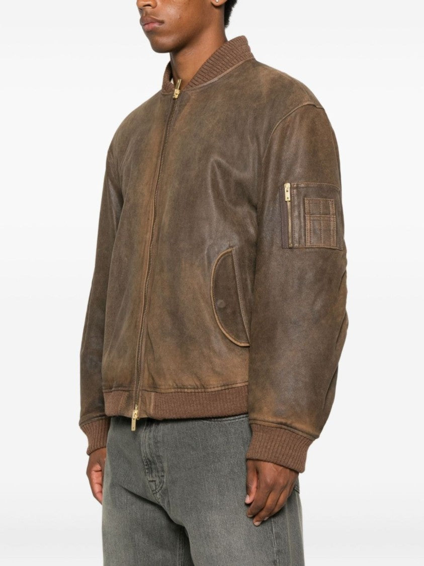 Golden Goose Distressed Brown Padded Leather Bomber Jacket
