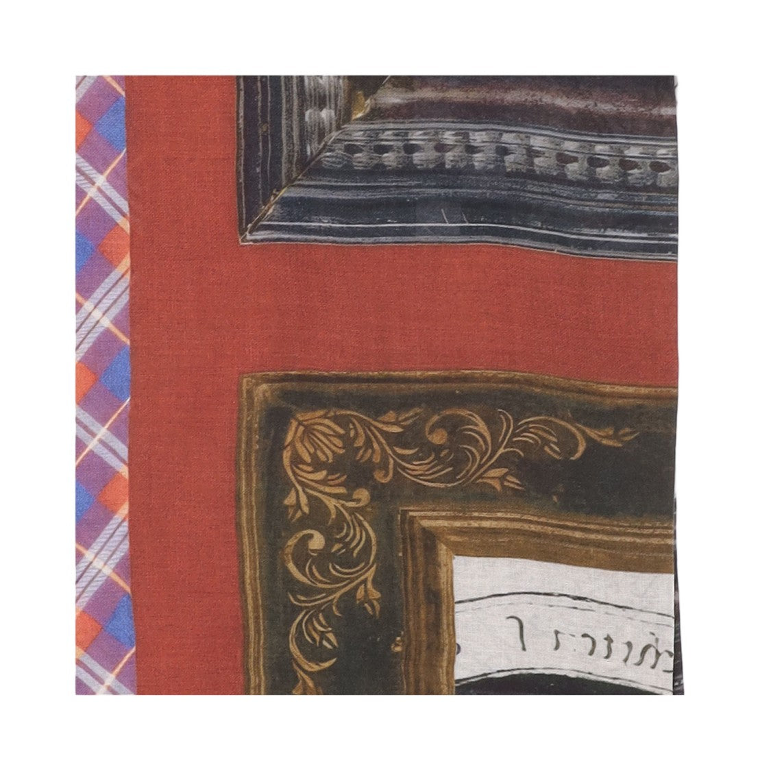 Faliero Sarti Rectangular Fringed Scarf With Artistic Prints And Plaid Border