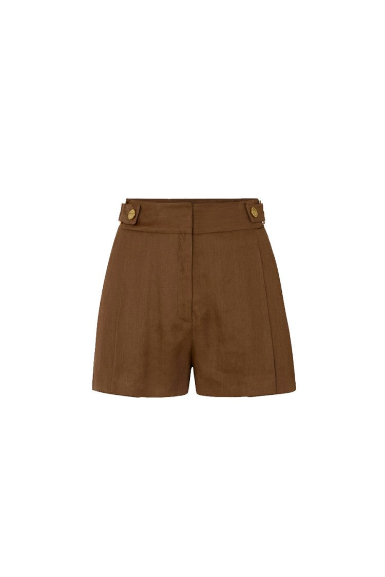 Elisabetta Franchi Brown Button-Tab Waistband Linen-Blend Shorts
