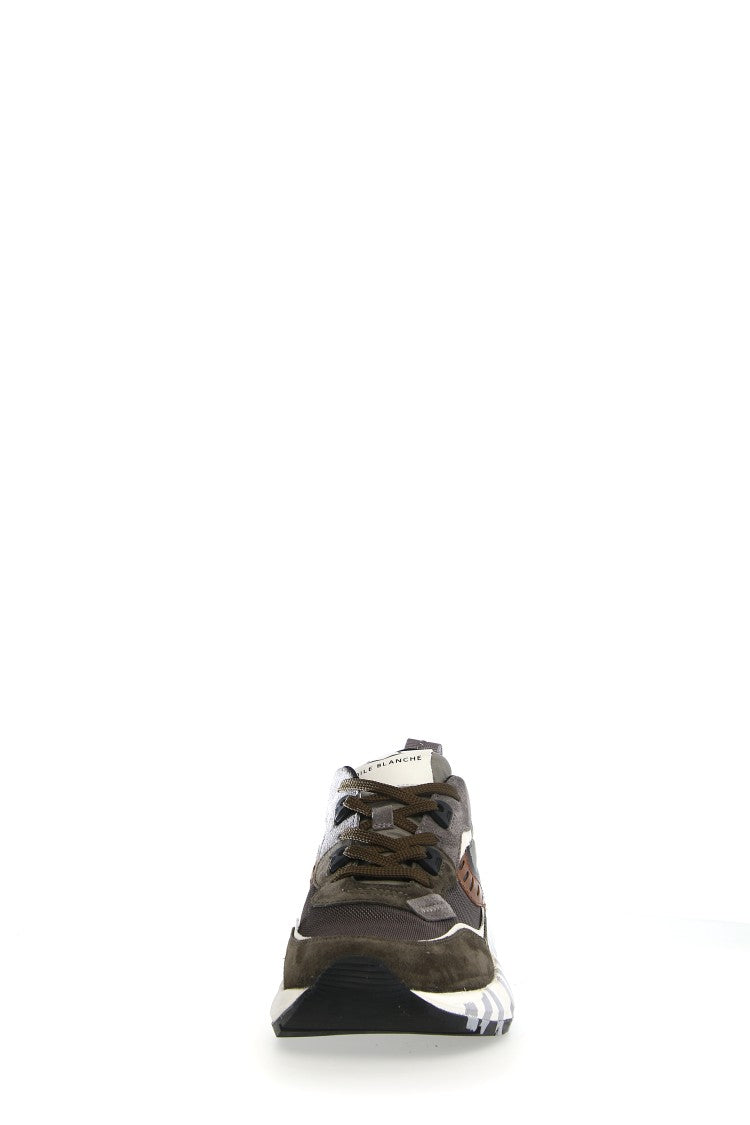 Voile Blanche Olive Green Leather Fabric Sporty Sneakers