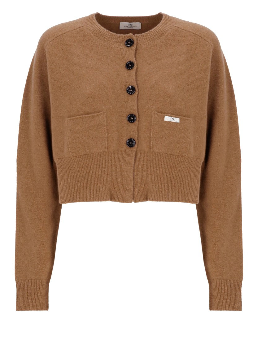 Elisabetta Franchi Brown Cropped Lacquered Buttons Wool Cardigan