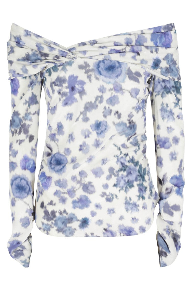 Isabel Marant Ivory Danka Gb Asymmetrical Draped Printed Silk Top