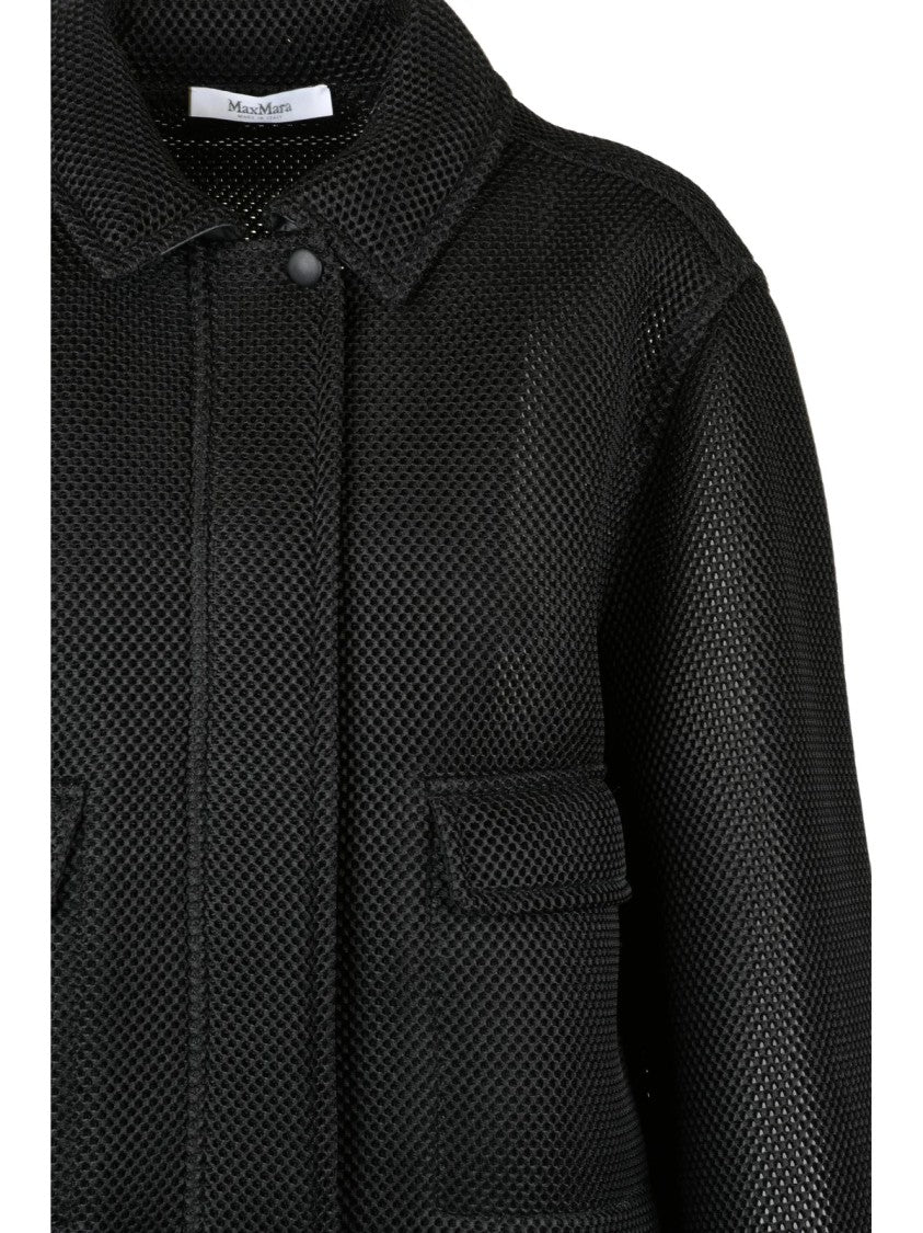 Max Mara Cropped Black Coat With Textured Mesh Fabric And Practical Features