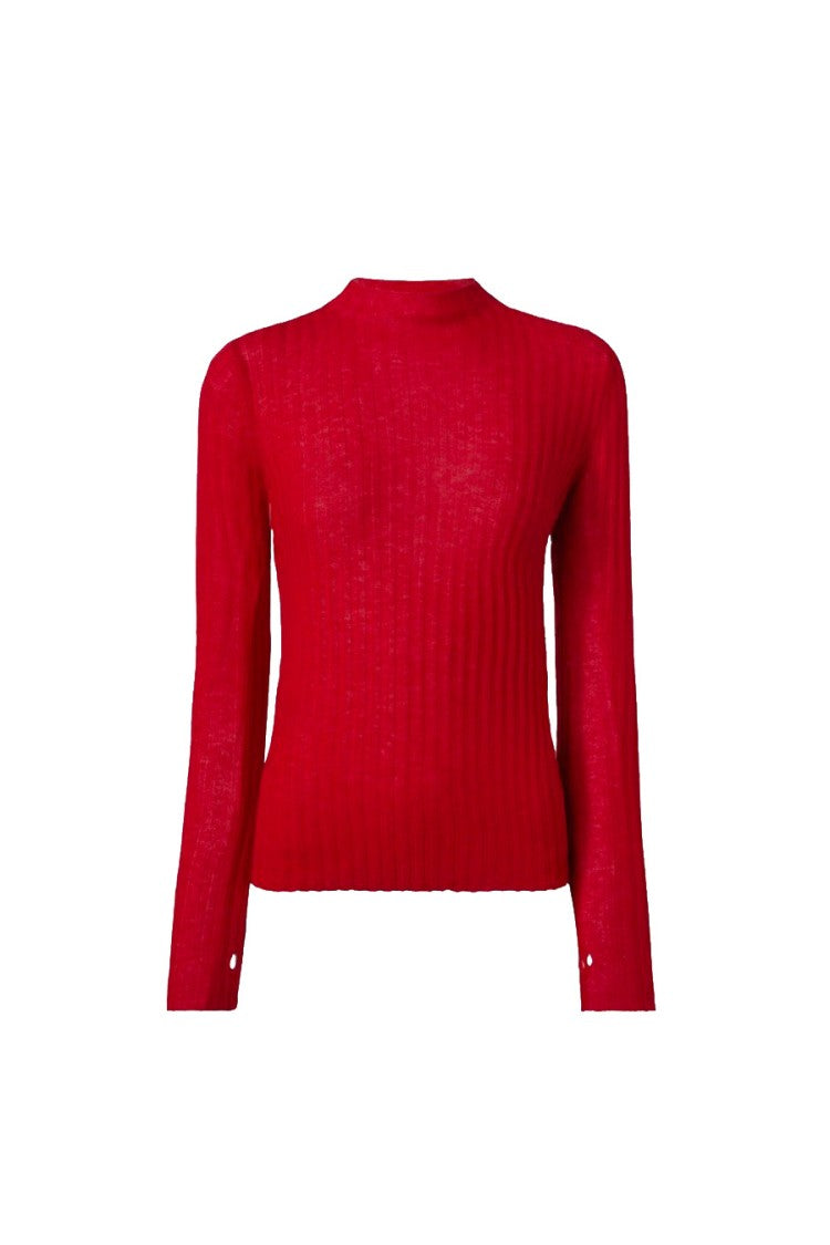 Pinko Red Wool Ribbed Mock-Neck Sweater