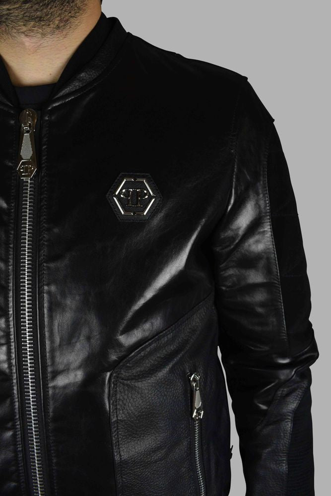 Philipp Plein Black Leather Bomber Jacket With Suede Inserts