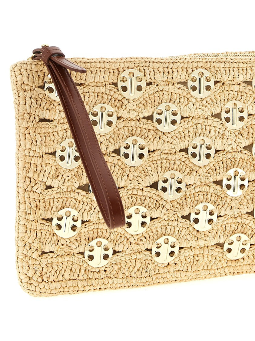 Paco Rabanne Rectangular Raffia Pouch With Adjustable Leather Handle