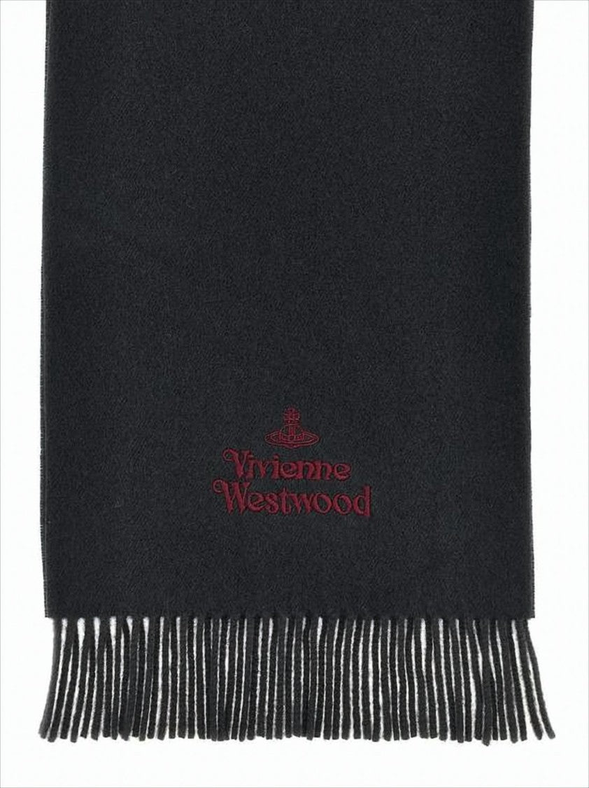 Vivienne Westwood Fringed Black Wool Scarf With Embroidered Logo