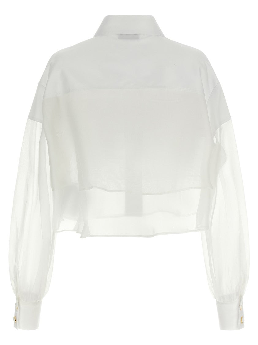 Elisabetta Franchi Cropped White Organza And Cotton Poplin Shirt With Crochet Logo Embroidery