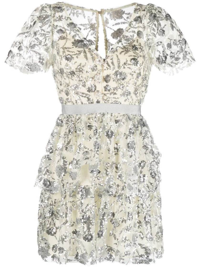 Self-Portrait Sequinned Tiered Mini Dress With Puff Sleeves And Keyhole Detail