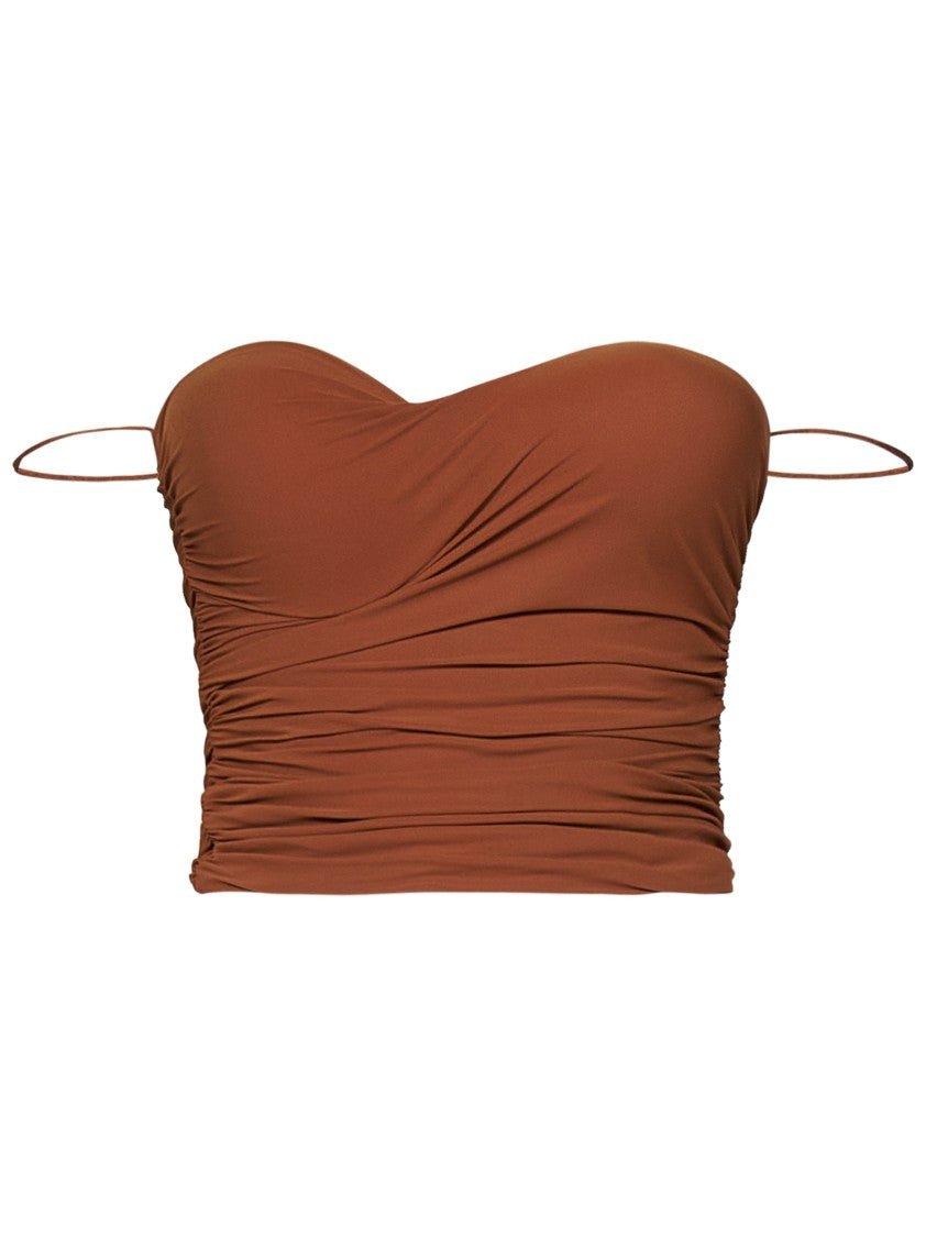 Amazuin Draped Bustier Top In Caramel Stretch Jersey