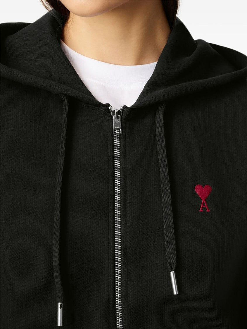 Ami Paris Zip-Up Hoodie With Drawstring Hood And Heart Embroidery